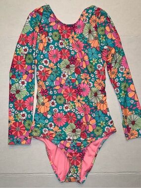Girls' Floral Long-Sleeve One-Piece Swimsuit - Teal & Pink